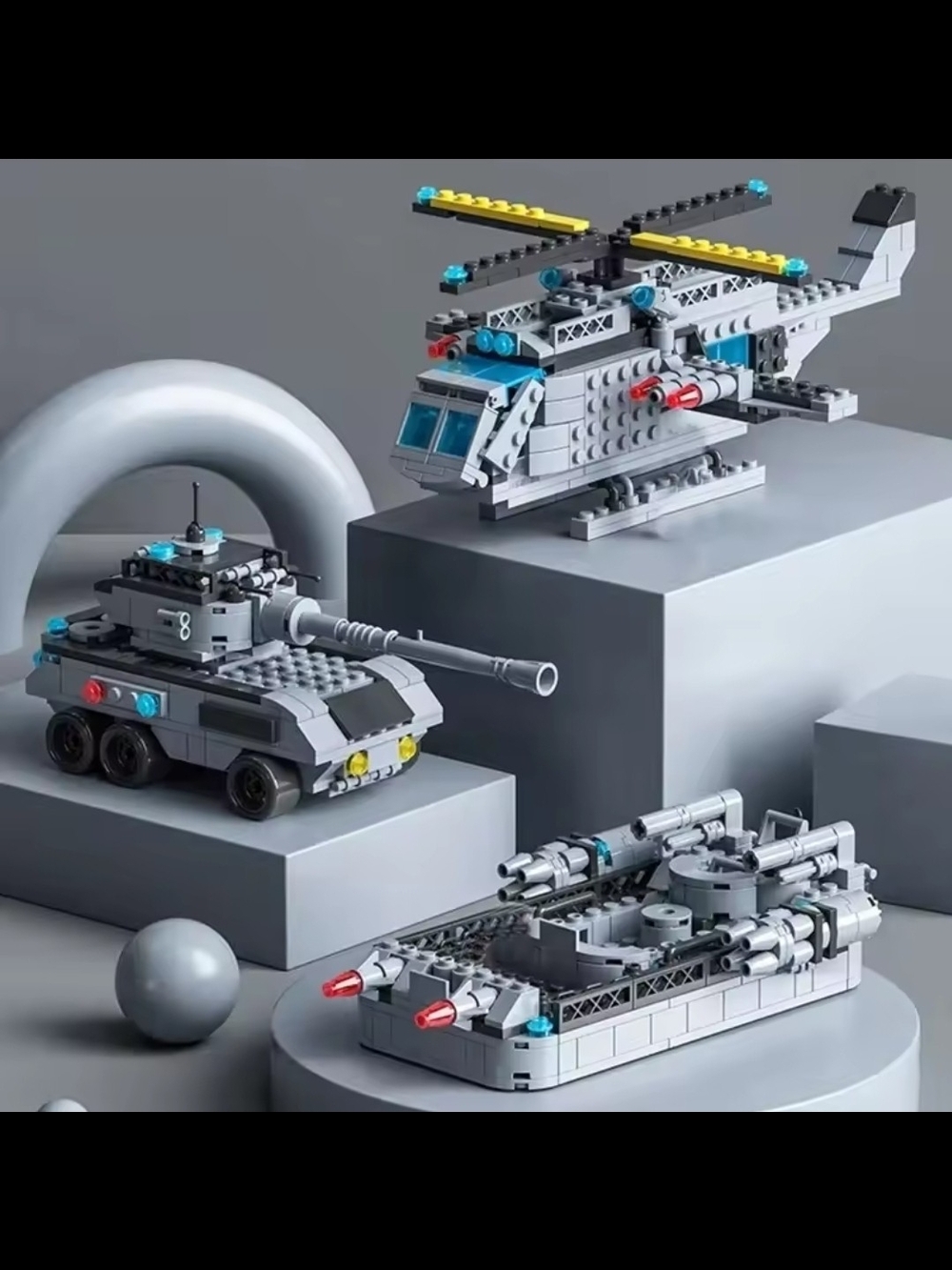 Gray Military Building Block Playset - Helicopter, Tank & Boat